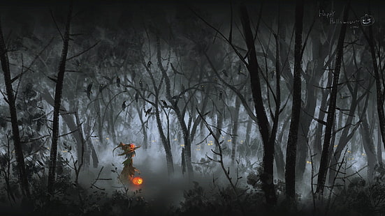 голые деревья обои, произведения искусства, фэнтези-арт, хэллоуин, тыква, лес, Джек О 'Фонарь, HD обои HD wallpaper