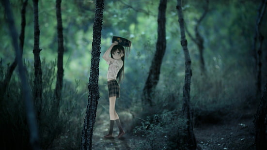 forêt, herbe, Kantoku, écolière, anime girls, Fond d'écran HD HD wallpaper