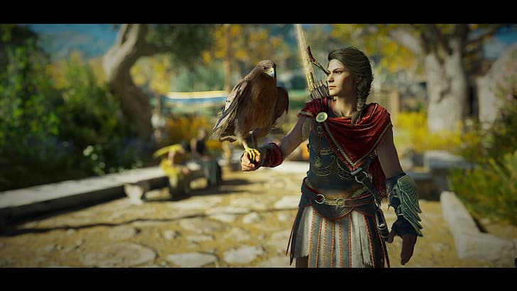 Assassins Creed: Odyssey, Kassandra, eagle, ancient greece, girl in armor, HD wallpaper