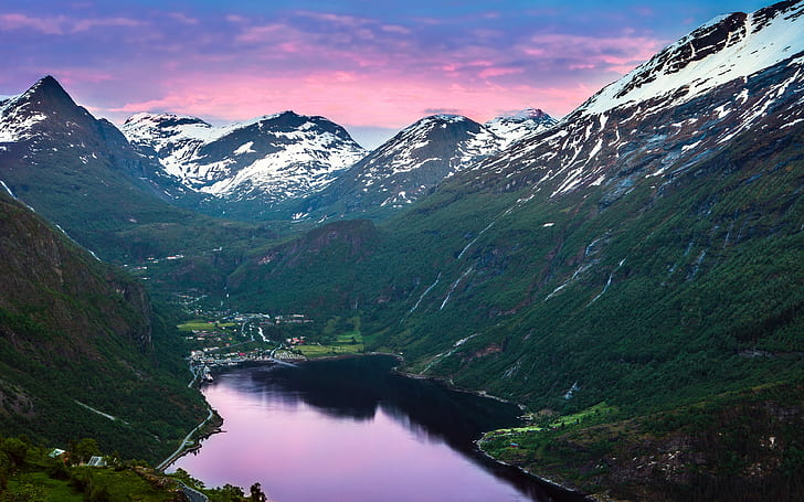 пейзаж, снег, озеро, Норвегия, Гейрангер, фьорд, Гейрангер-фьорд, HD обои