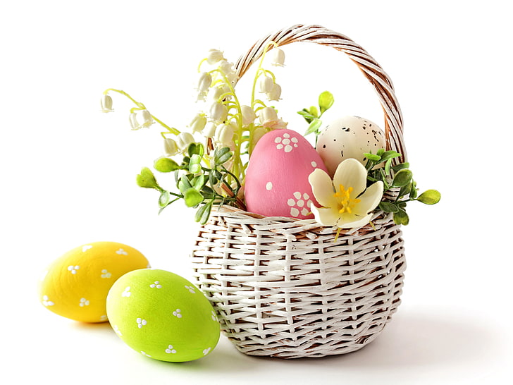 basket of easter eggs, flowers, eggs, spring, Easter, pastel, delicate, basket, HD wallpaper
