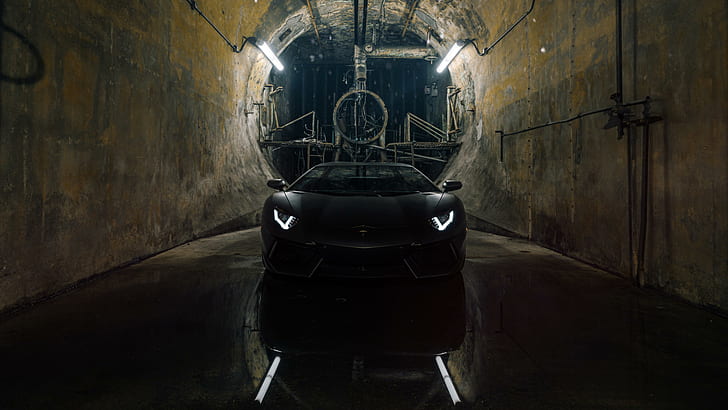 тъмнина, светлина, черна кола, тунел, lamborghini aventador, lamborghini, суперавтомобил, отражение, HD тапет
