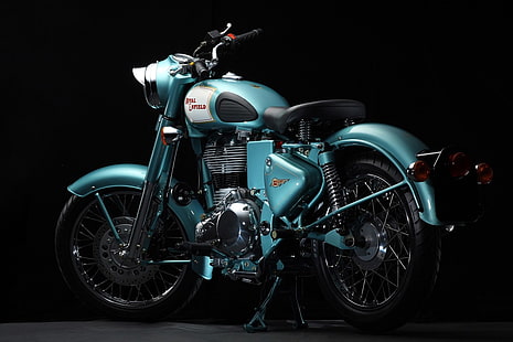 Royal Enfield Classic 500, niebiesko-czarny motocykl cafe racer, motocykle, Royal Enfield, Tapety HD HD wallpaper