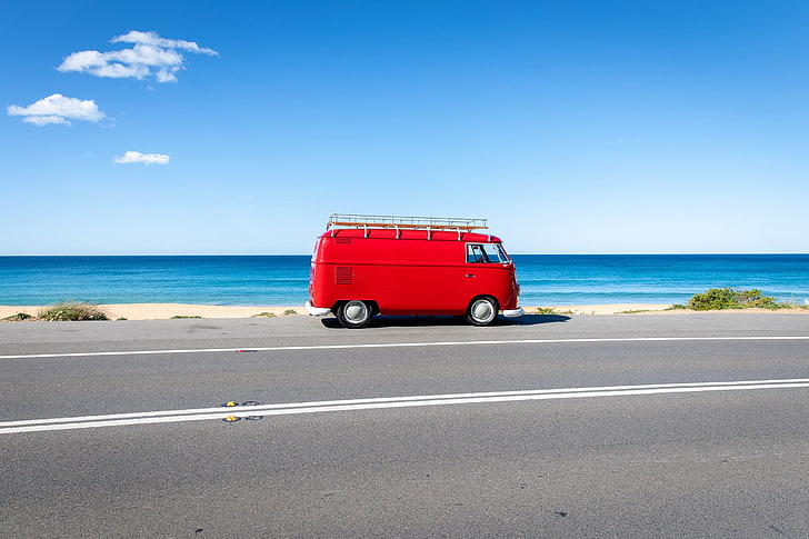 Volkswagen, araba, yol, gökyüzü, plaj, deniz, açık havada, HD masaüstü duvar kağıdı