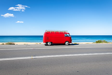combi, Volkswagen, coche, carretera, cielo, playa, mar, al aire libre, Fondo de pantalla HD HD wallpaper