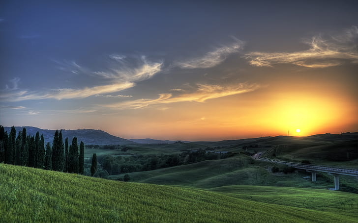 Sunset, Tuscany, Landscape, HD, HD wallpaper