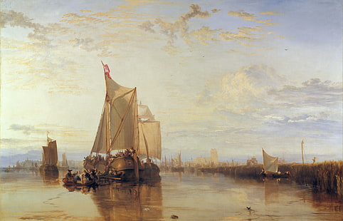 barca marrone e bianca su pittura ad acqua, nave, foto, porto, vela, vista sul mare, William Turner, Sfondo HD HD wallpaper