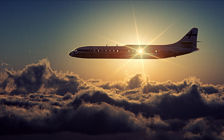 biało-szara tapeta Airbusa, samolot, samolot, niebo, horyzont, latanie, zachód słońca, flara, Tapety HD