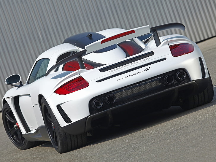 белое спортивное купе, белый, тюнинг, Porsche, суперкар, спойлер, вид сзади, Carrera GT, крыло, гембала, карбоновая версия, Carerra GT, Mirage GT, гембала, HD обои