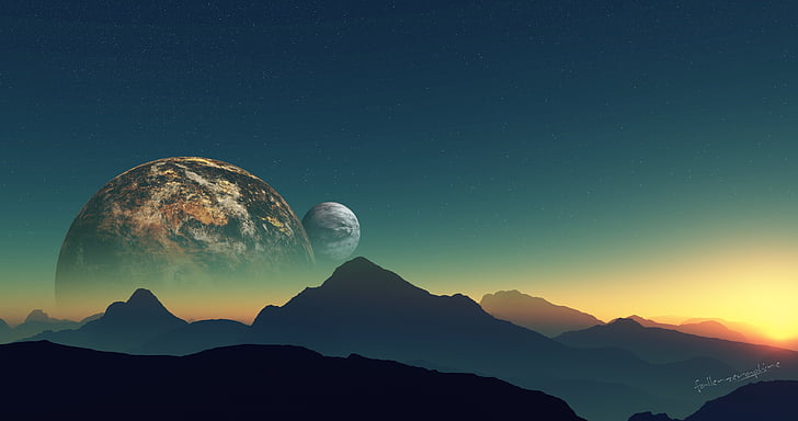 two planets during golden hour, Distant planet, Moon, Horizon, Sunset, 4K, HD wallpaper
