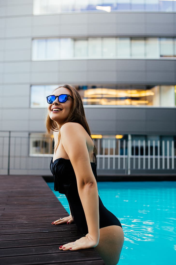 swimming pool, swimwear, women outdoors, women with glasses, looking away, model, HD wallpaper