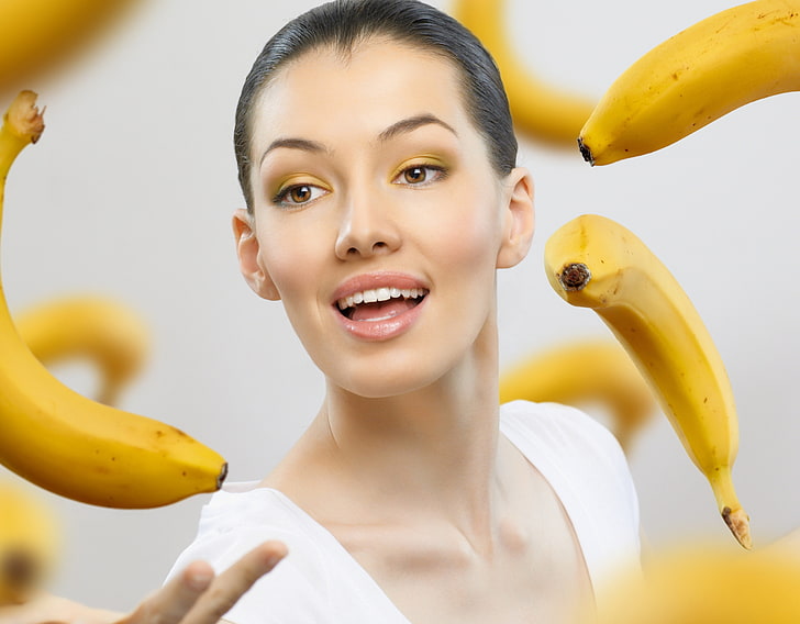 women's white scoop-neck top, girl, bananas, weightlessness, gray background, fruits, HD wallpaper