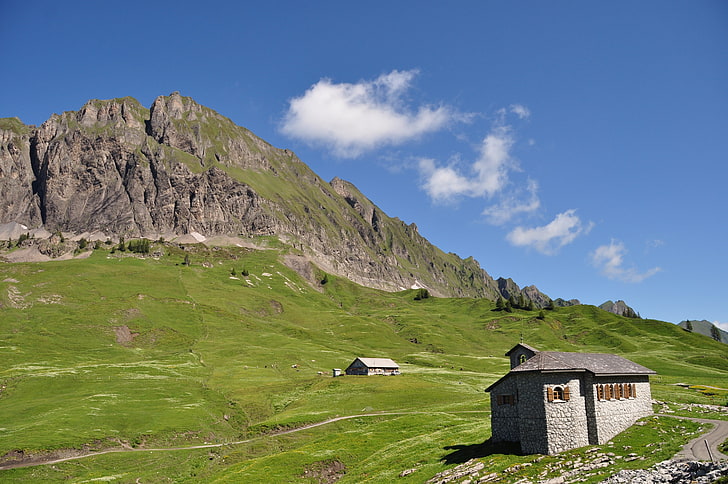 dom z szarego betonu, Alpy, przyroda, krajobraz, Szwajcaria, góry, Tapety HD