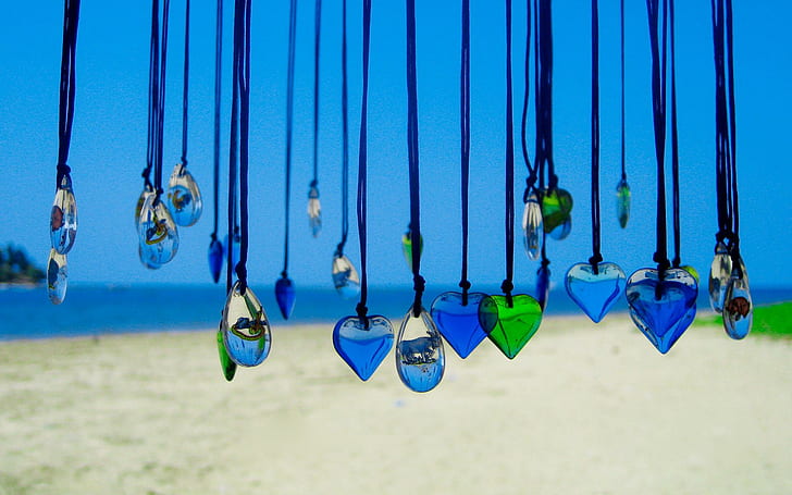 Necklaces, heart and teardrop pendant black string necklace lot, beaches, nature, beautiful, photography, necklace, blue, oceans, necklaces, 3d and abstract, HD wallpaper