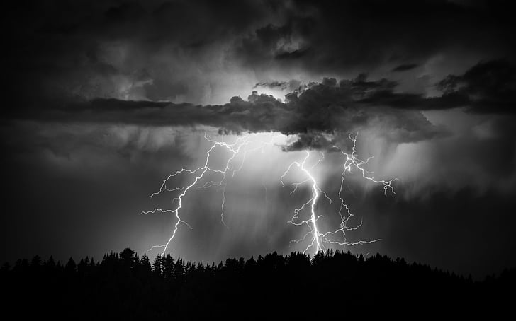 Fotografia, błyskawica, czarno-białe, chmury, noc, niebo, Tapety HD