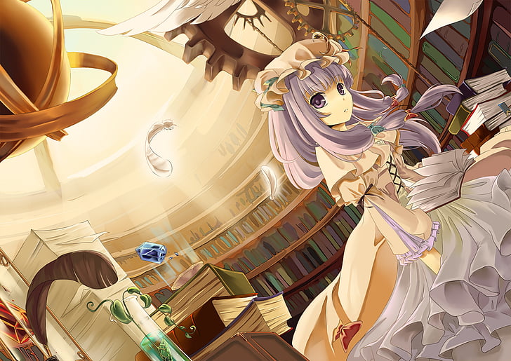book, bow, dress, eastern, eyes, feathers, funion, hair, hat, knowledge, long, patchouli, purple, touhou, HD wallpaper