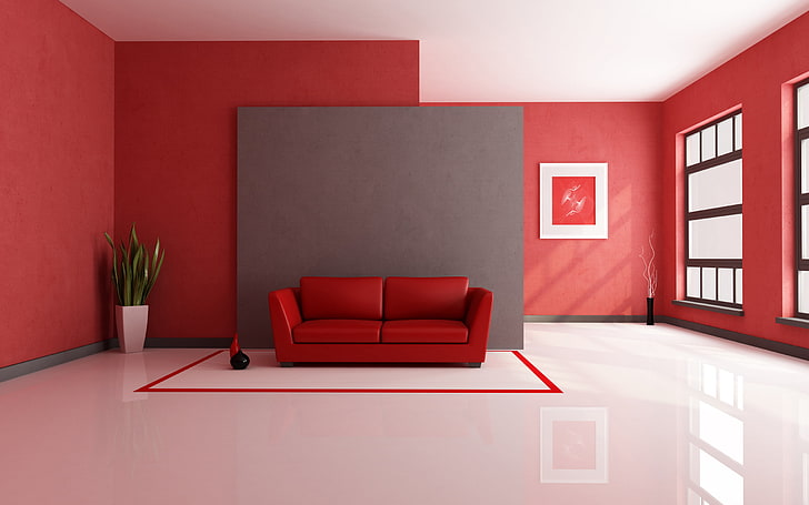 Red Interior Design, czerwona skórzana kanapa, 3D, Postacie, czerwony, sofa, wnętrze, Tapety HD