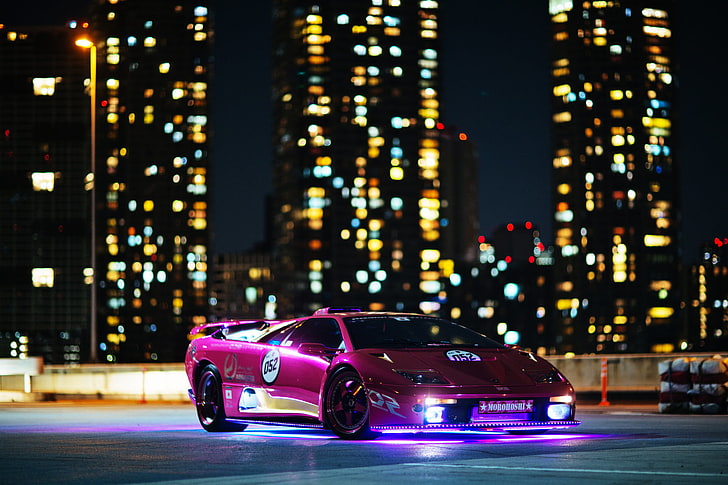 pink sports car, night, lights, building, Lamborghini, Diablo, lamborghi, HD wallpaper