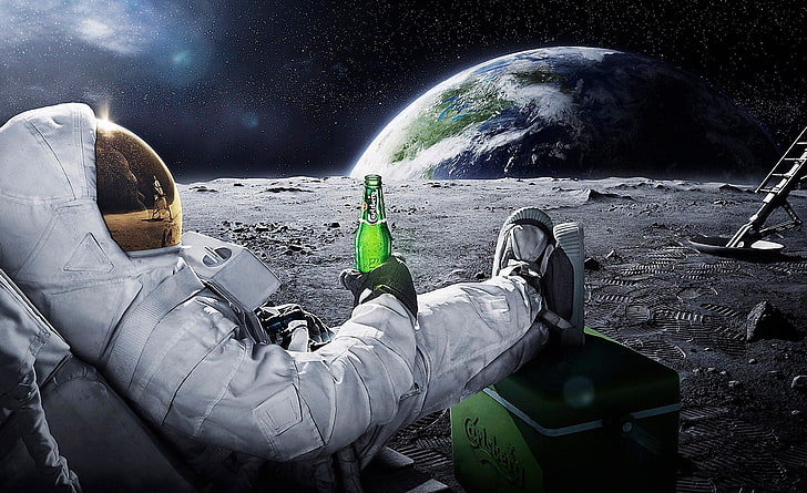 Moon, astronaut holding green bottle in moon digital wallpaper, Aero, Creative, HD wallpaper