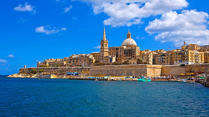 Malte, île, mer, côte, maisons, bateaux, ciel bleu, Malte, île, mer, côte, maisons, bateaux, bleu, ciel, Fond d'écran HD