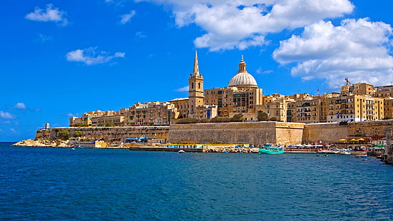 Malta, isla, mar, costa, casas, barcos, cielo azul, Malta, isla, mar, costa, casas, barcos, azul, cielo, Fondo de pantalla HD HD wallpaper