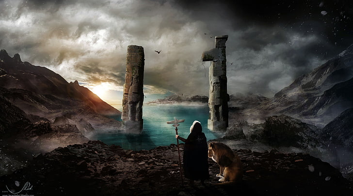 Persepolis entrans II, ilustracja lwa, artystyczne, fantasy, Tapety HD