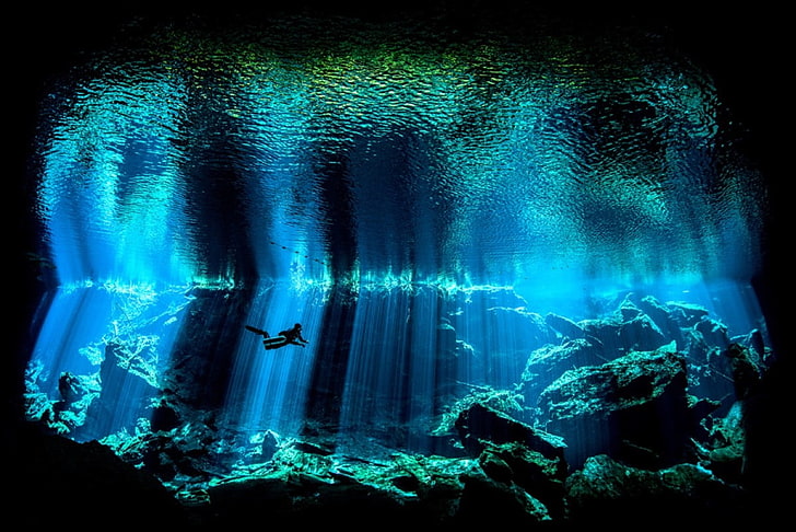 under water digital wallpaper, nature, water, sea, underwater, coral, rock, divers, sunlight, Nick Blake, photography, sun rays, reflection, HD wallpaper