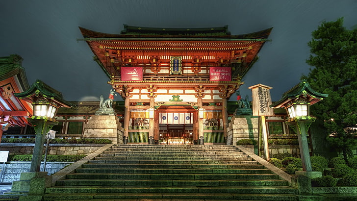 tempio, giappone, asia, fushimi inari-taisha, kyoto, notte, Sfondo HD