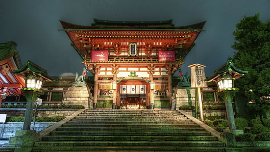 храм, Япония, Азия, Фушими Инари-Тайша, Киото, нощ, HD тапет HD wallpaper