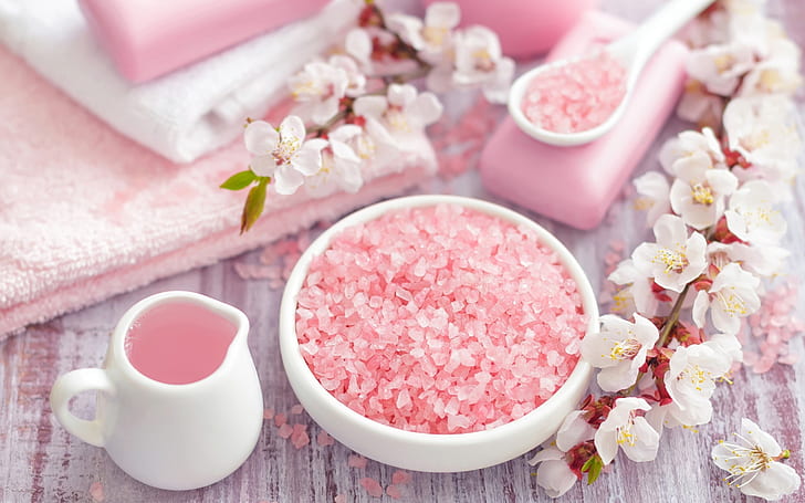 Spa Pink Sea Salt, fleurs de printemps, sel de mer, spa, rose, Fond d'écran HD
