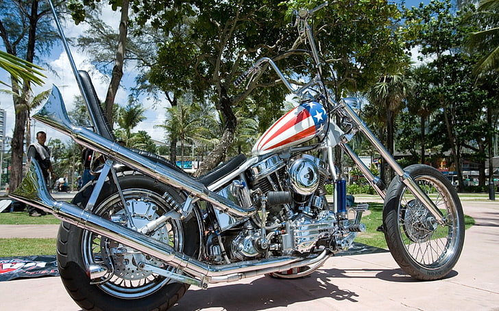 мотоцикл серебряный чоппер, Harley Davidson, Easy Rider, HD обои