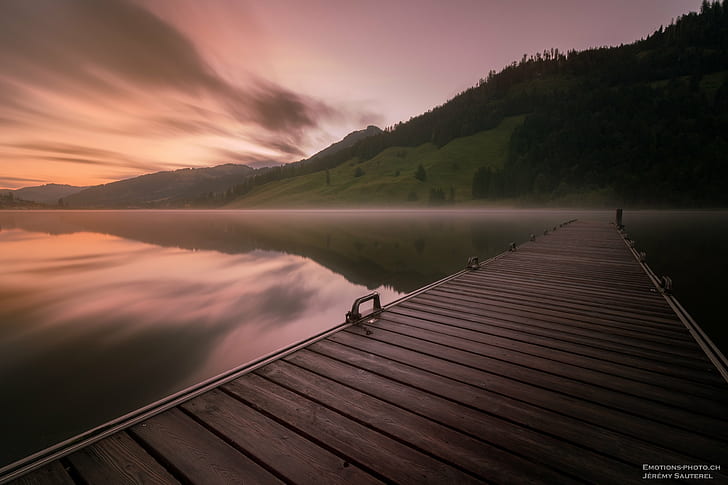 timelapse photo of brown wooden bridge on still lake, lac, lac, Lac Noir, timelapse, photo, wooden bridge, still, trees, sky, sunrise, morning, lake  forest, water, reflection, blue  light, clouds, summer, beautiful, orange, colors, mountain, long  exposure, nature, lake, outdoors, landscape, sunset, wood - Material, scenics, pier, tranquil Scene, HD wallpaper
