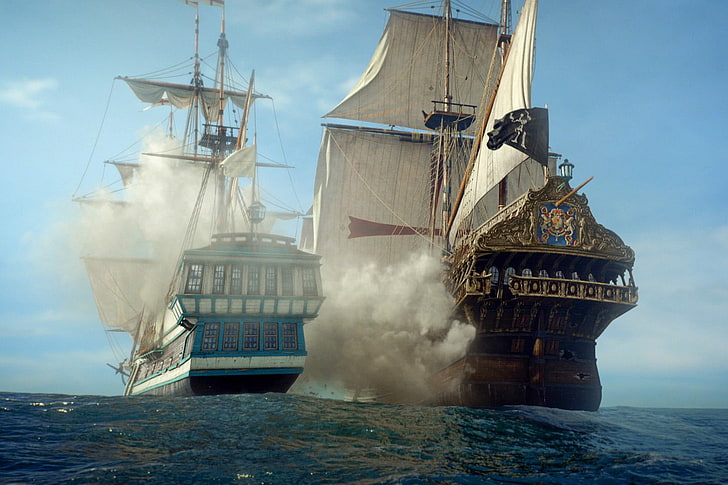 two blue and brown galleon ships, Black Sails, pirates, ship, Starz, TV, HD wallpaper