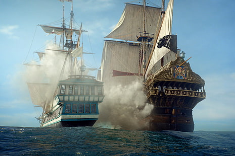2つの青と茶色のガレオン船、黒帆、海賊、船、スターツ、テレビ、 HDデスクトップの壁紙 HD wallpaper