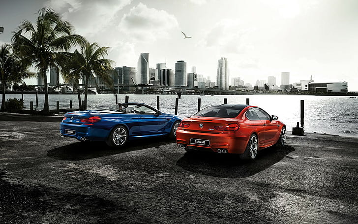2015, BMW, M6, F13, один синий кабриолет и один красный седан, Cars s HD, s, hd фоны, автомобили, HD обои