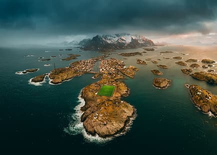 ノルウェー、ロフォーテン諸島、ロフォーテン諸島、風景、海、空撮、サッカー場、 HDデスクトップの壁紙 HD wallpaper