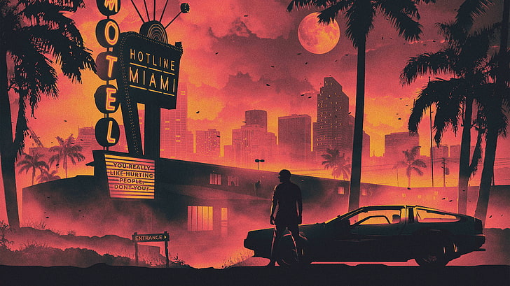 Hotlime miami poster, monochrome, old car, Retro style, pink, hotel, cityscape, palm trees, shadow, dusk, Miami, DeLorean, DMC DeLorean, Hotline Miami, HD wallpaper