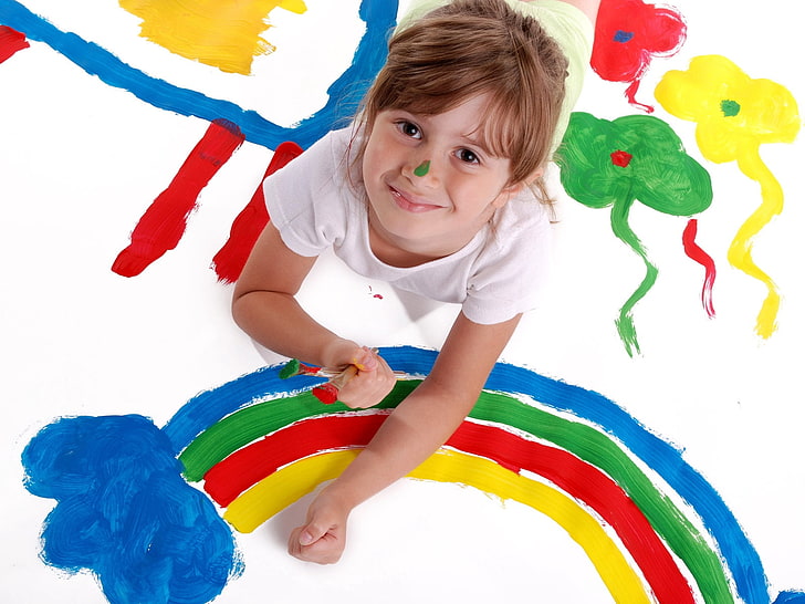 camiseta branca de gola alta da menina, criança, pequeno, menina, arco-íris, HD papel de parede