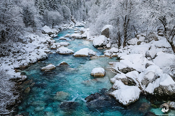 white and blue abstract painting, nature, river, winter, snow, clear water, turquoise, HD wallpaper