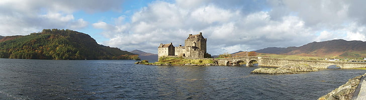 castello, eilean donan, punto di riferimento, paesaggio, lago, naturale, panorama, scenario, scenico, scozia, scozzese, cielo, turismo, viaggi, regno unito, Sfondo HD