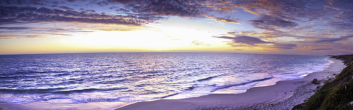 seashore under gray clouds at golden hour, landscape, sea, beach, Australia, multiple display, horizon, dual monitors, HD wallpaper