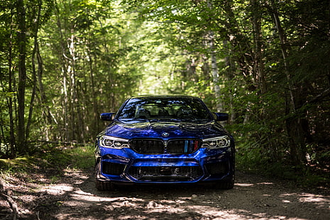 BMW, blu, anteriore, foresta, vista, F90, Sfondo HD HD wallpaper