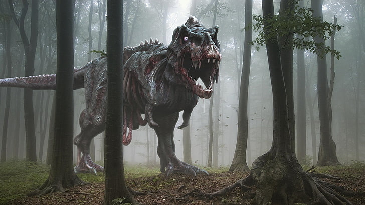Ilustración de T-Rex, dinosaurios, zombies, arte de fantasía, arte digital, horror, árboles, naturaleza, bosque, Fondo de pantalla HD