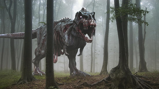 Ilustración de T-Rex, dinosaurios, zombies, arte de fantasía, arte digital, horror, árboles, naturaleza, bosque, Fondo de pantalla HD HD wallpaper