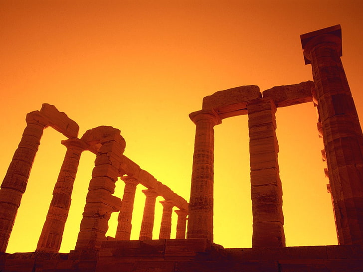 Sunion, ruiny, Świątynia Posejdona, Grecja, wschód słońca, starożytne, Tapety HD