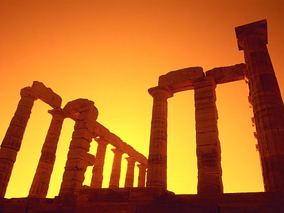 Сунион, руины, Храм Посейдона, Греция, восход, древние, HD обои HD wallpaper