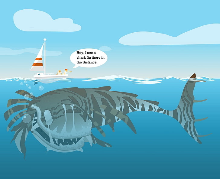 Ilustración de peces blancos y grises en el cuerpo de agua, humor, gracioso, barco, tiburón, Fondo de pantalla HD