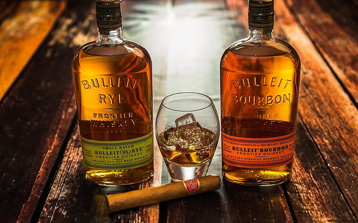 Whiskey Bottles and Cigar, 2 bulleit bourbon frontier, whiskey, cigar, glass, ice, HD wallpaper