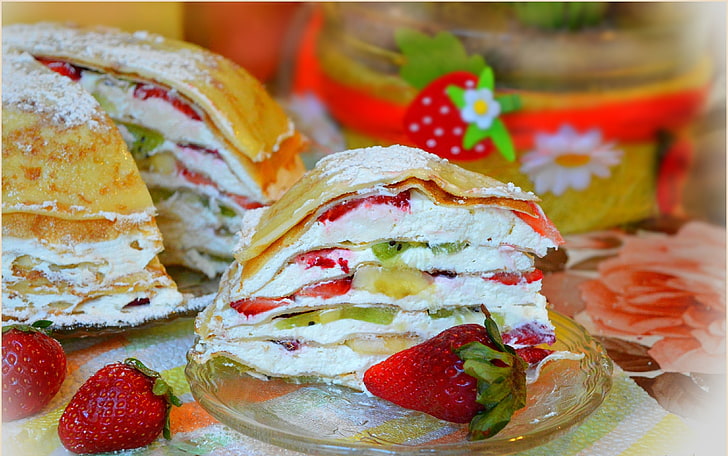 Strawberry, Cake, pancake cake, Fruit cake, HD wallpaper