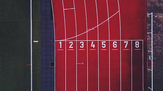 aerial view, photography, stadium, athletics, numbers, sport , lines, red, HD wallpaper HD wallpaper